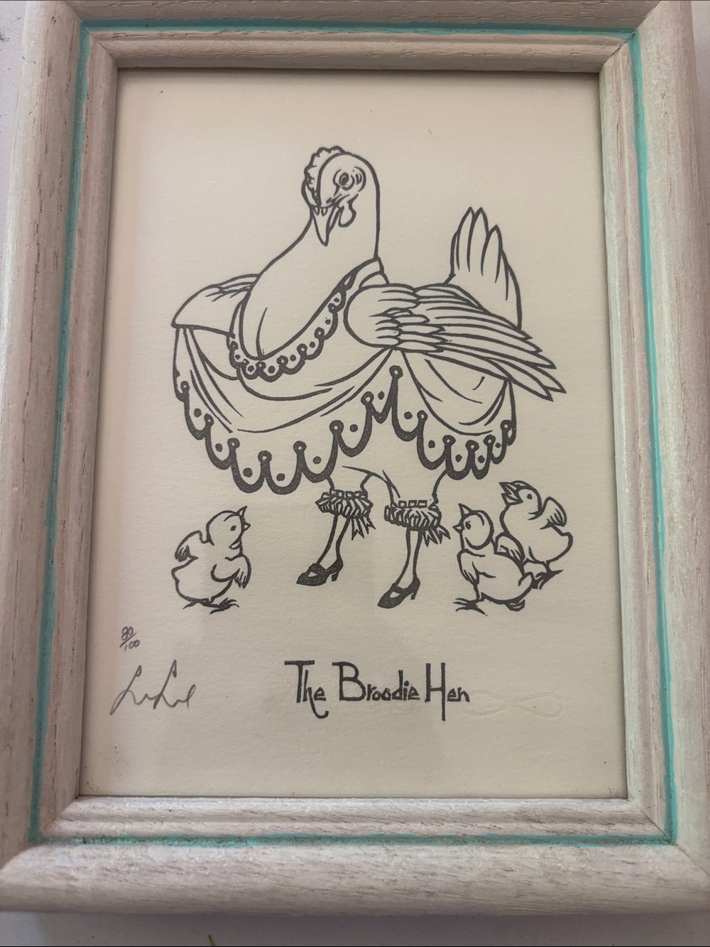 The Broodie Hen Framed Art Print - Black Line Illustration on Cream